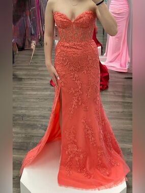 Sherri Hill Coral Lace Appliqué Prom Gown with Corset Bodice